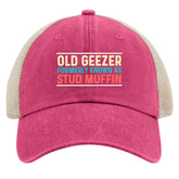 Huesdeaw old geezer trucker hat pink front view offers casual summer style and breathable comfort