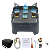 HugeFlames portable camping stove with carrying case ready for easy transport.