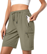 Hugut women's hiking shorts side view with secure pockets for trail storage