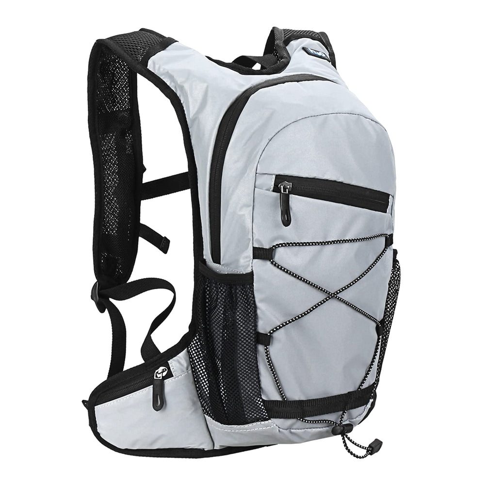 Front view of HUIOP hydration backpack with reflective fabric for high visibility.