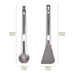 HUIOP Titanium Tongs with serrated spatula, ready to slice veggies or meats during outdoor cooking.
