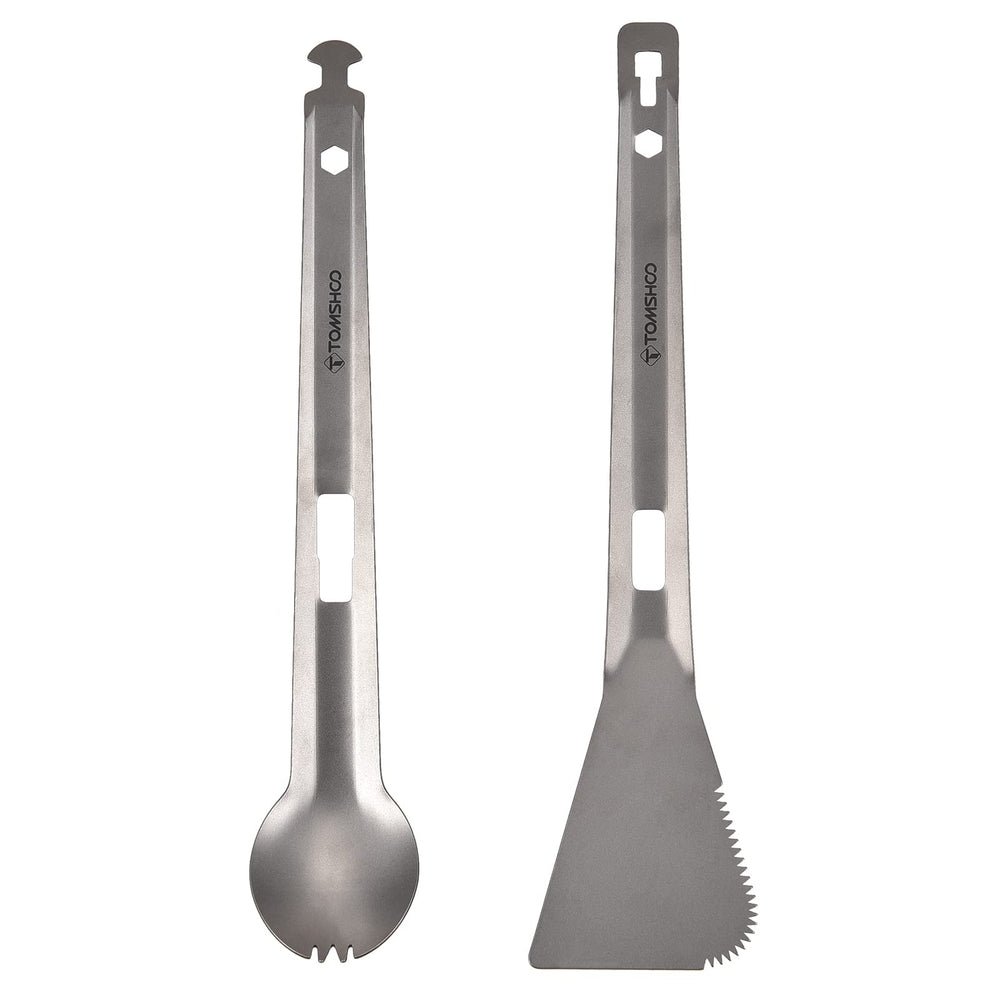 HUIOP Titanium Tongs with Spork attachment, ideal for versatile outdoor meals on hikes.
