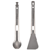 HUIOP Titanium Tongs with Spork attachment, ideal for versatile outdoor meals on hikes.