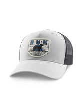 HUK Kids Trucker Hat in Harbor Mist with lab patch, ideal for outdoor adventures.