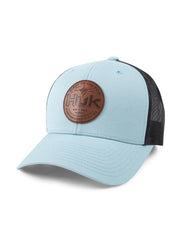 HUK mens trucker hat front view in silver blue with adjustable fit for a comfortable cap.