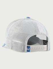 HUK Trucker Hat under visor close-up showing moisture-wicking and quick-dry performance.