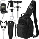 Hungdao 7-piece fishing tool kit components including black backpack and pliers
