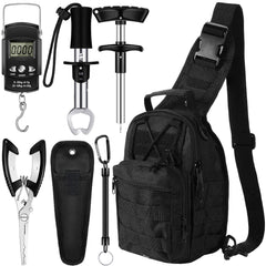 Hungdao 7-piece fishing tool kit components including black backpack and pliers