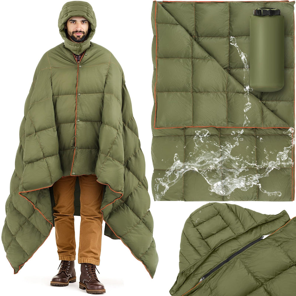 HunnmingRe hooded-down blanket fully laid out for spacious warmth outdoors.