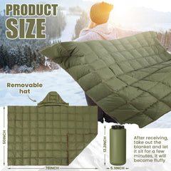 HunnmingRe hooded-down blanket worn as a cloak for camping warmth.