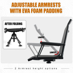 HUNT MONSTER hunting chair showing adjustable height range for comfort.