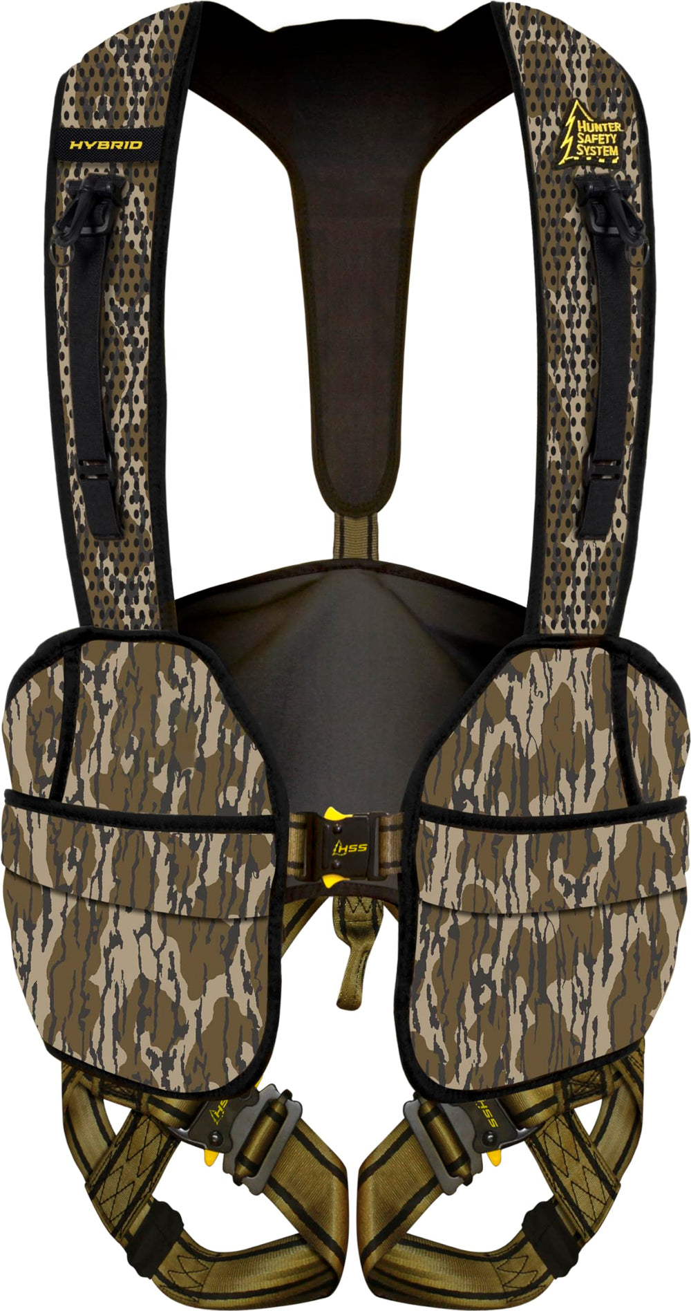 Hunter Safety System Hybrid Harness with ElimiShield in Mossy Oak Bottomland—scent control and versatile pockets.