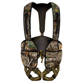 Hunter Safety System hybrid tree-stand vest front view in Realtree camouflage showing ergonomic silhouette