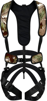 Hunter Safety System X-1 Bow-Hunter harness worn on a camo tree stand for all-day comfort.