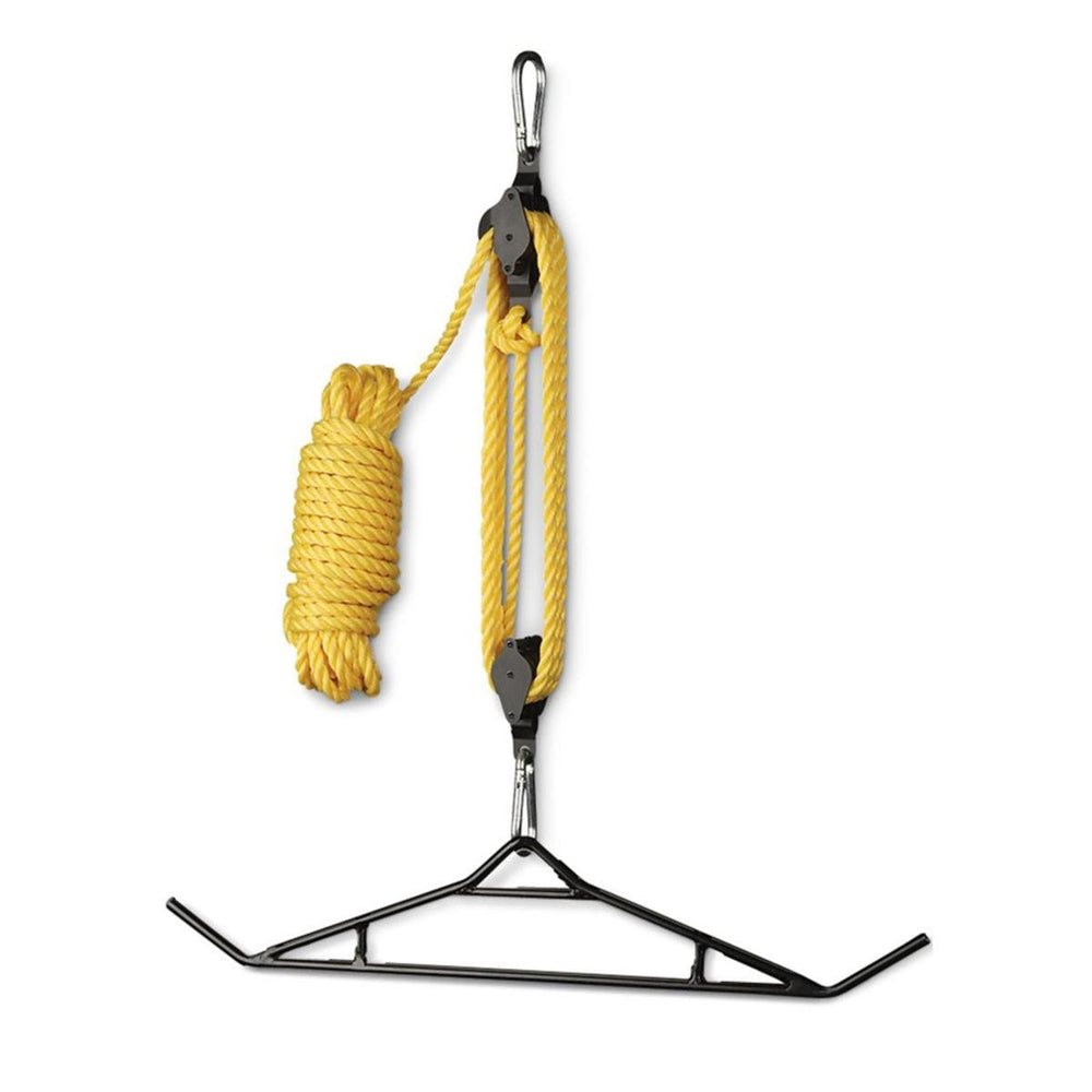 Hunters Specialties game hoist setup demonstrates 600 lb lifting capacity for field game.
