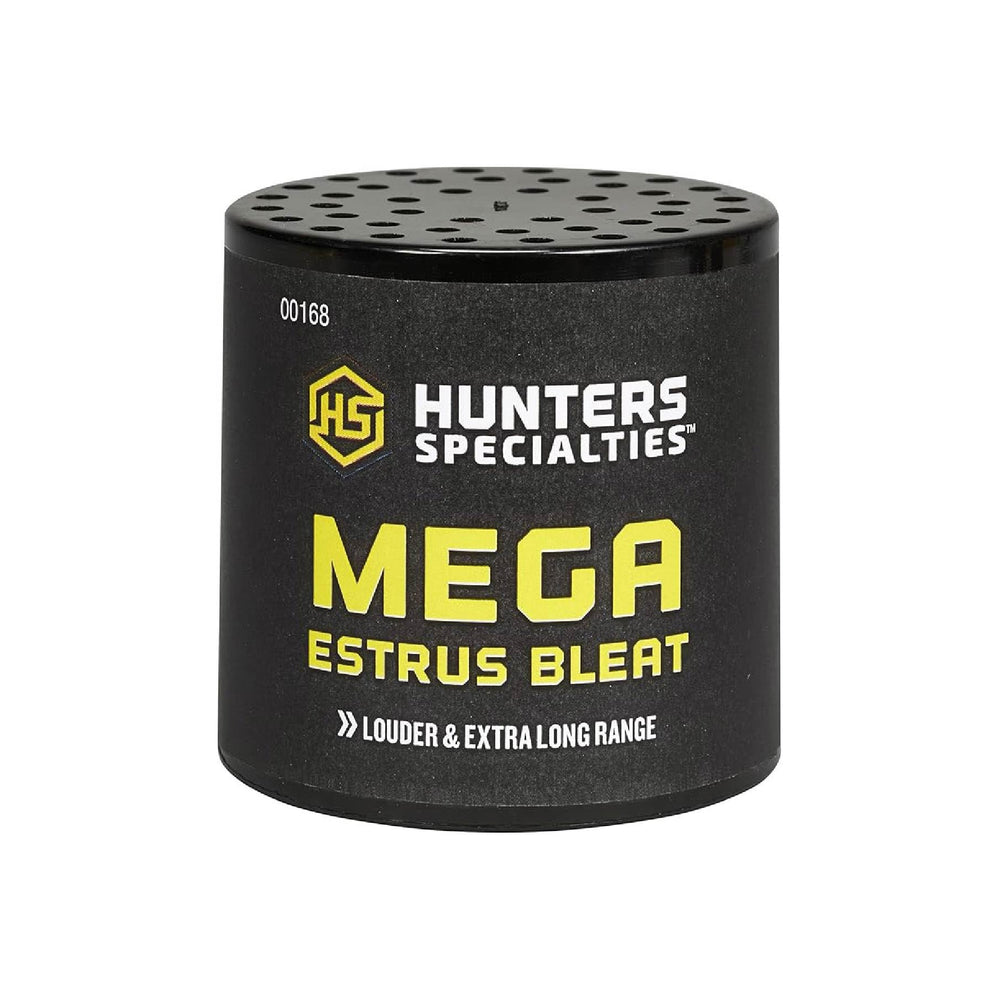 Hunters Specialties Mega Estrus Bleat Deer Call in black, front view, ideal for open terrain hunting.