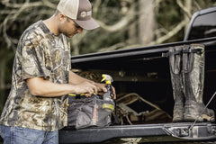Rugged rip-stop shell of the Scent-A-Way Duffel built for tough outdoor use.