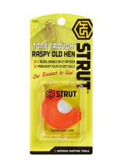 Hunters Specialties Strut Tone Trough Raspy Old Hen call reeds closeup highlights two-reed raspy yelps and texture.