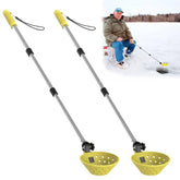 Huntury retractable ice fishing scoop extended handle enables comfortable standing scooping.