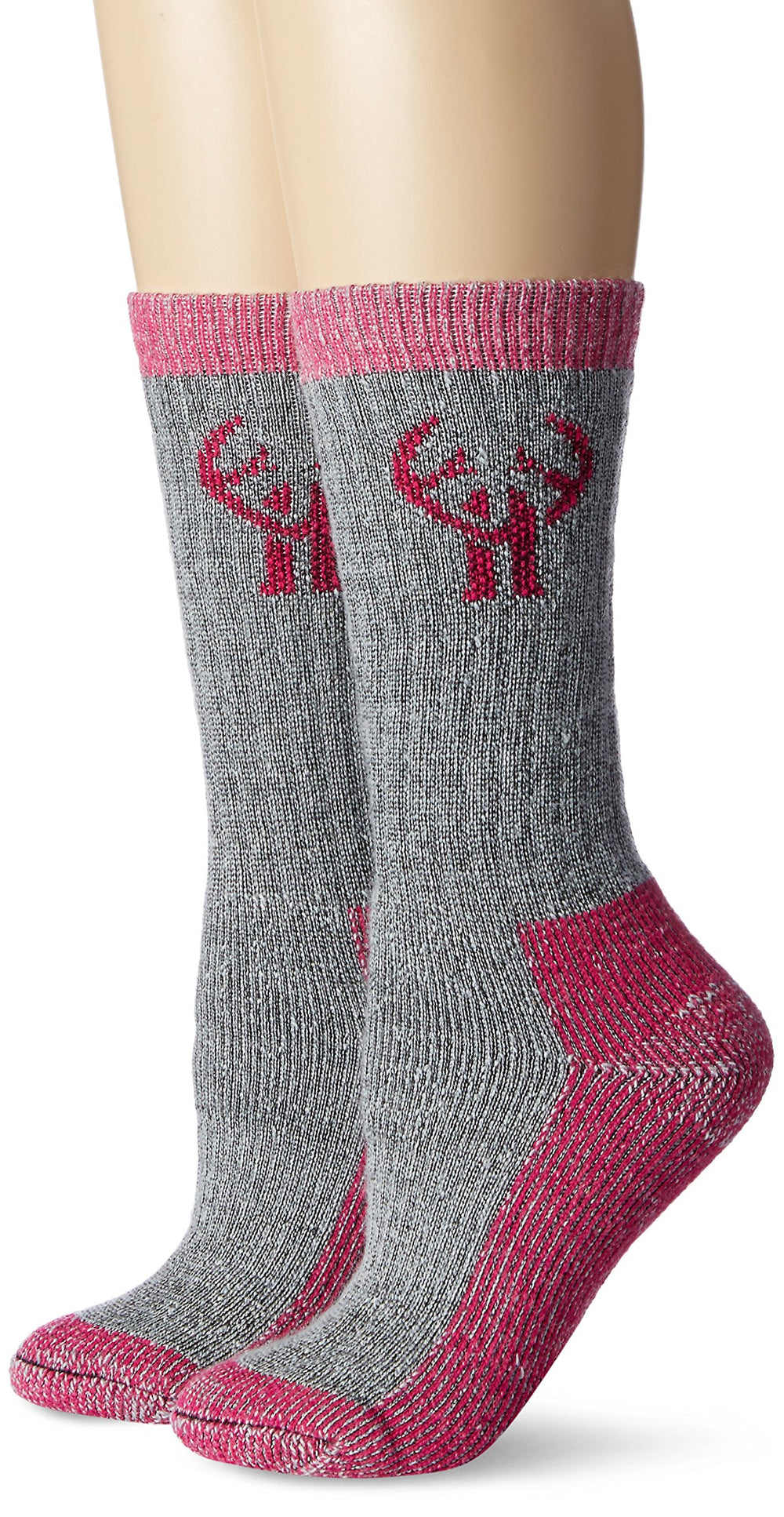 Huntworth heavy-duty wool boot sock front view in gray and fuchsia, warmth and moisture management