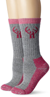 Huntworth heavy-duty wool boot sock front view in gray and fuchsia, warmth and moisture management