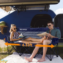 Huskfirm 3-person camping chair folded blue easy transport in carry bag.