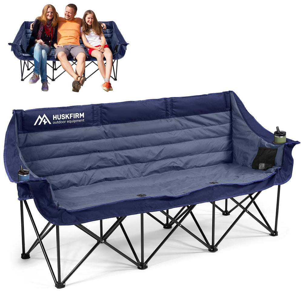 Huskfirm 3-person camping chair open blue for group lounging in the park.