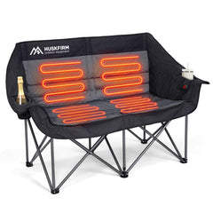 Huskfirm heated double camping chair front view showing sturdy frame and warm seating