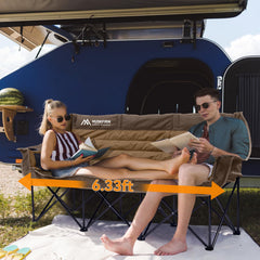 Huskfirm oversized loveseat camping chair set up for comfortable family outdoor lounging.