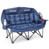 Huskfirm padded double camping chair blue backrest improves support during long outdoor sessions.