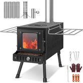 Huskfirm wood stove with folding handles for compact tent packing and quick setup