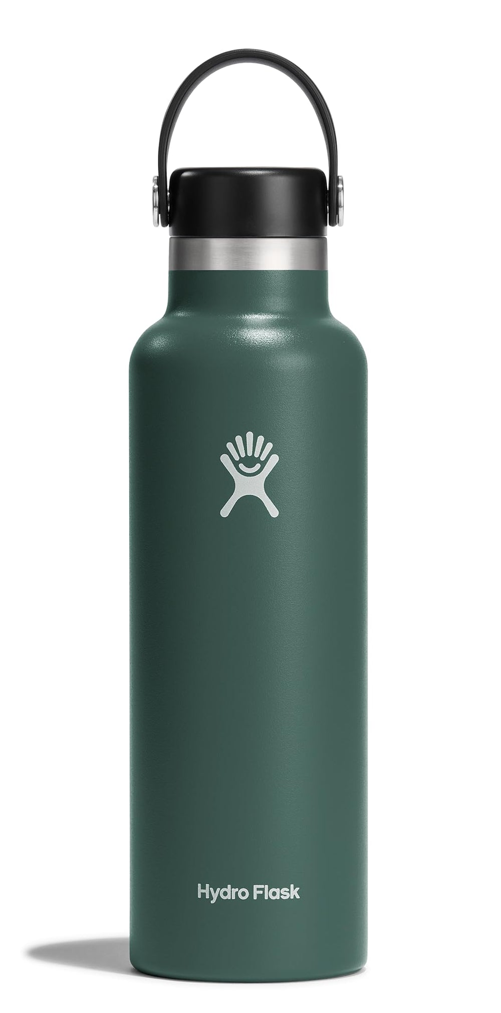 Hydro Flask 21oz standard-mouth fir green bottle keeps beverages cold on the go.