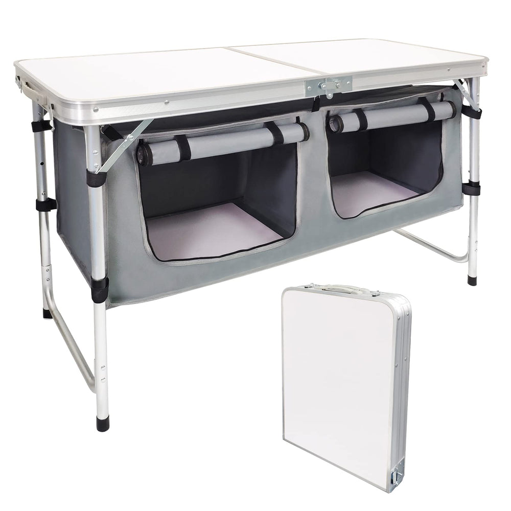 HYMnature folding table open showcases sturdy aluminum frame for outdoor dining and setup.