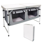 HYMnature folding table open showcases sturdy aluminum frame for outdoor dining and setup.