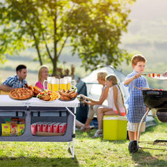 HYMnature folding-table-storage-underneath demonstrates under-table storage for snacks and beverages.