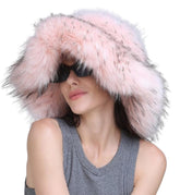 Hzxsny women's furry bucket hat in light pink, front view, plush fur warmth.