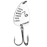 Engraved stainless steel fishing hook pendant reading 'I Love You'