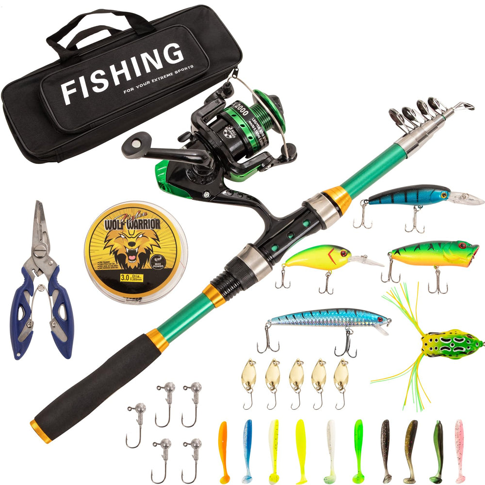 Black and green telescopic fiberglass fishing rod with spinning reel - front view