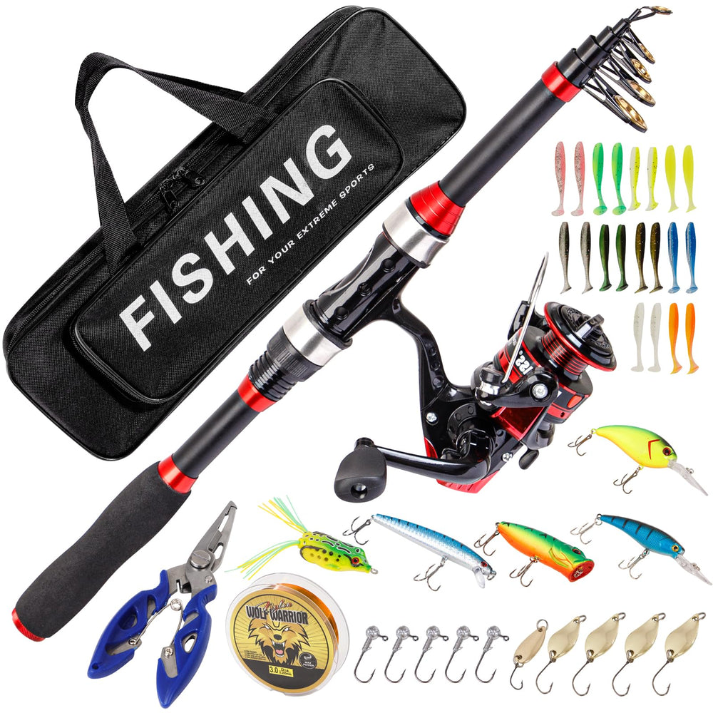 Fiberglass telescopic fishing rod with reel