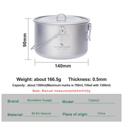 iBasingo 1950ml titanium pot with lid, ideal for small groups outdoors.