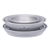 Ibasingo titanium bowls and plates set, backpack-ready for travel and simplicity.