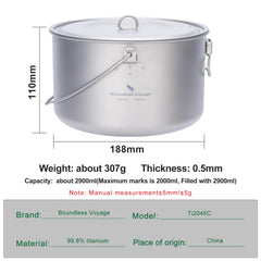 iBasingo titanium camping pot 1950ml with lid ideal for 2 to 3 hikers