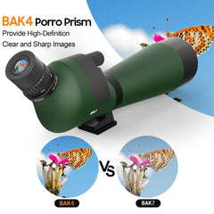 IBQ spotting scope 20-60x85 lens detail highlights sharp, bright optics.