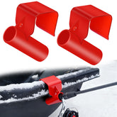Red 2-pack plastic ice fishing sled rod holder mounted on a bucket
