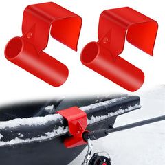 Red 2-pack plastic ice fishing sled rod holder mounted on a bucket