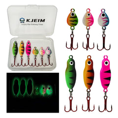 Glow-in-the-dark ice fishing jig set front view (6 pcs)