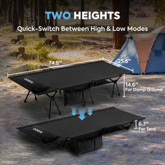 ICECO camping cot adults high-mode demonstrates 15-inch height for damp ground comfort.
