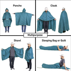 iClimb poncho features detachable hood and hand pockets for warmth.