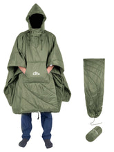 iClimb hooded poncho folded compact in green for travel-ready warmth on the go