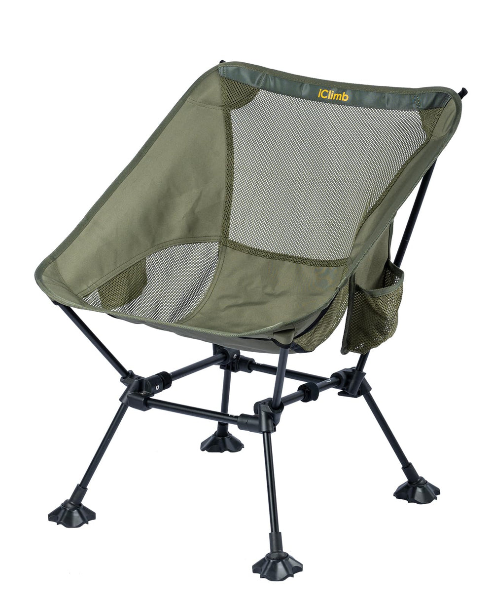 iClimb ultralight chair with anti sinking feet stabilizes on sand or soft ground